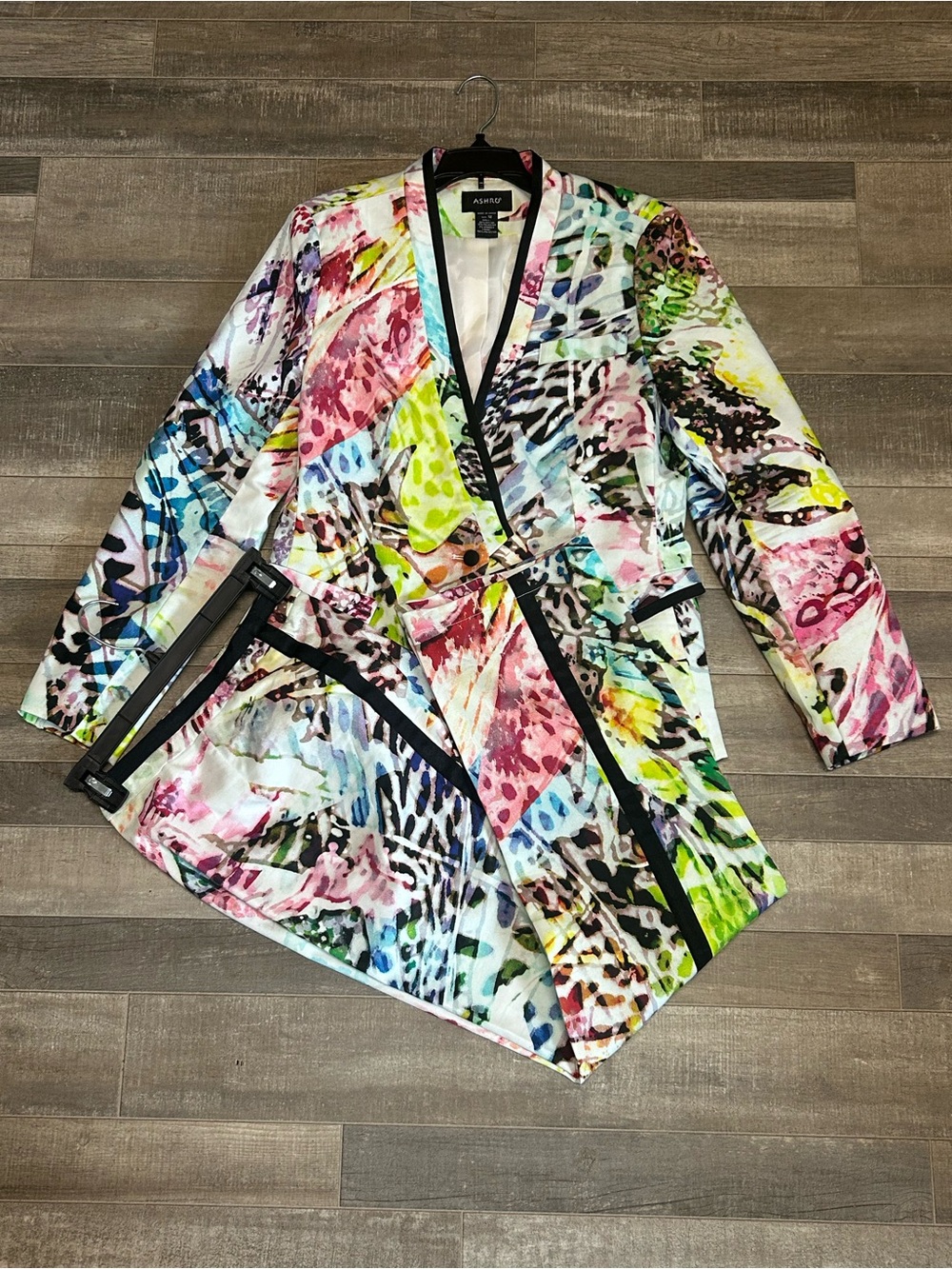 Ashro Vibrant Multicolor Abstract Print Blazer with Black Trim